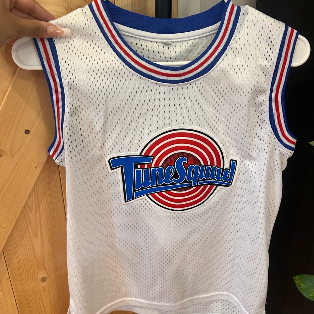 Kids White Tune Squad Mesh Tank Top with Blue & Red Trim